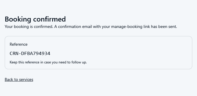 Booking confirmation page in Cronovy