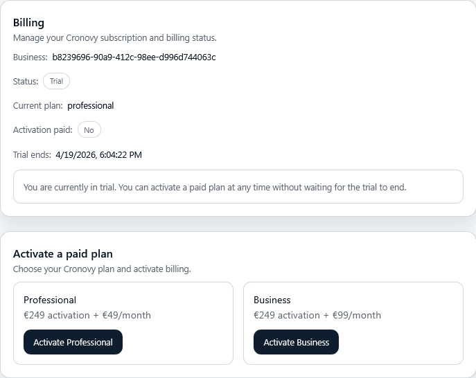 Cronovy billing and plan overview