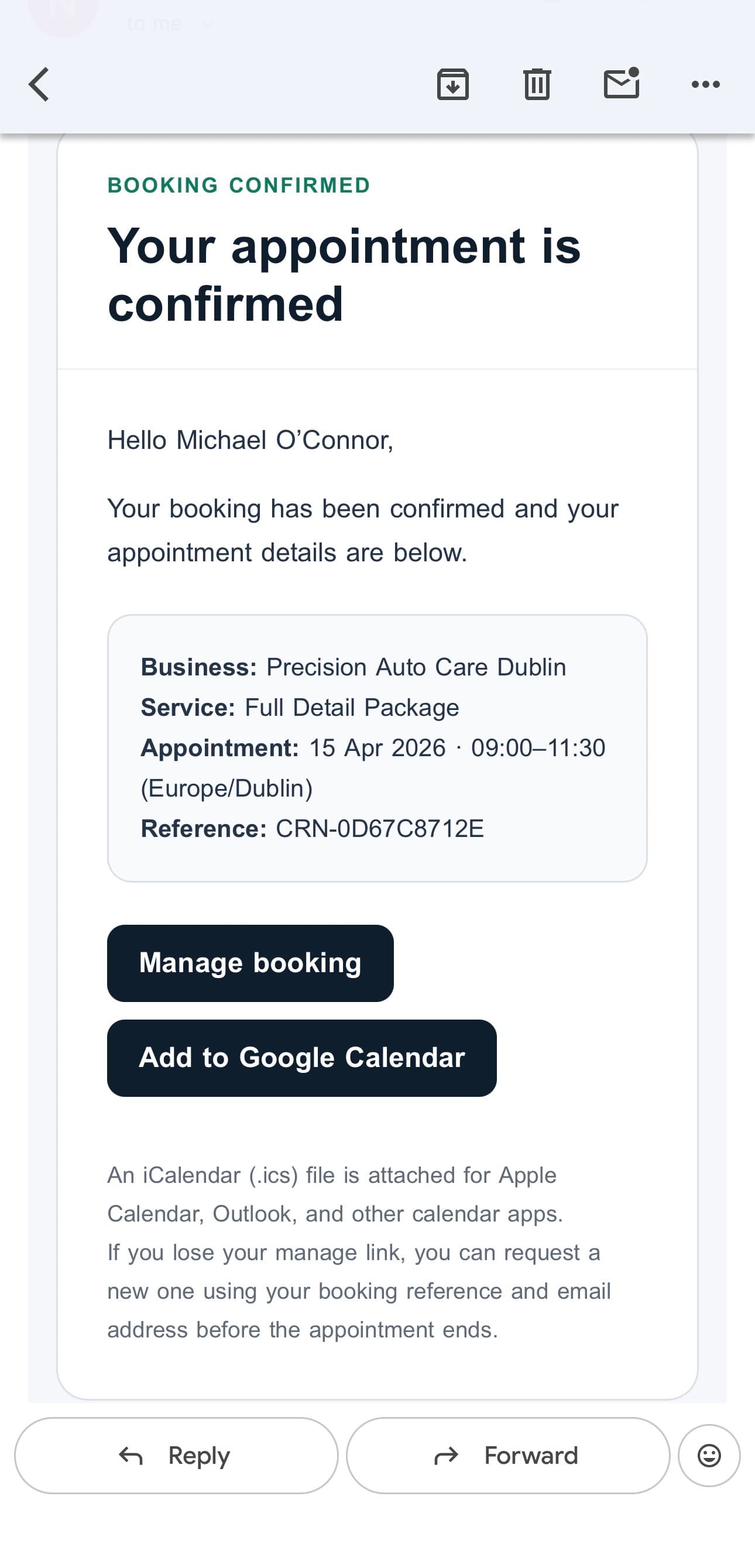 Cronovy booking confirmation email