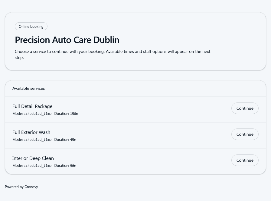 Customer selecting a service in Cronovy